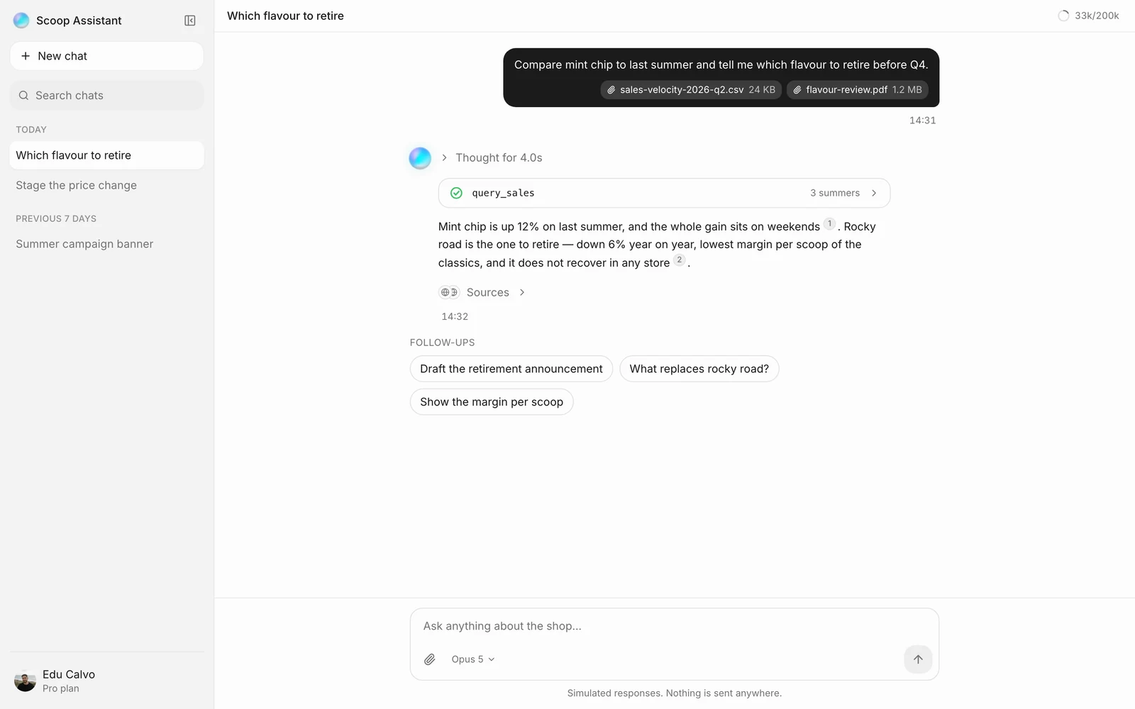 Chat template on a desktop viewport, with the conversation sidebar open
