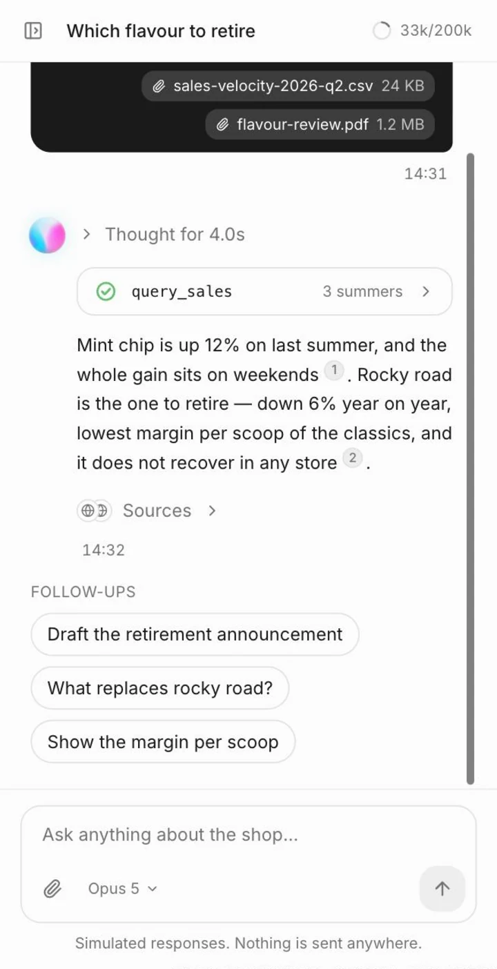 Chat template on a phone, with the conversation list behind a header button